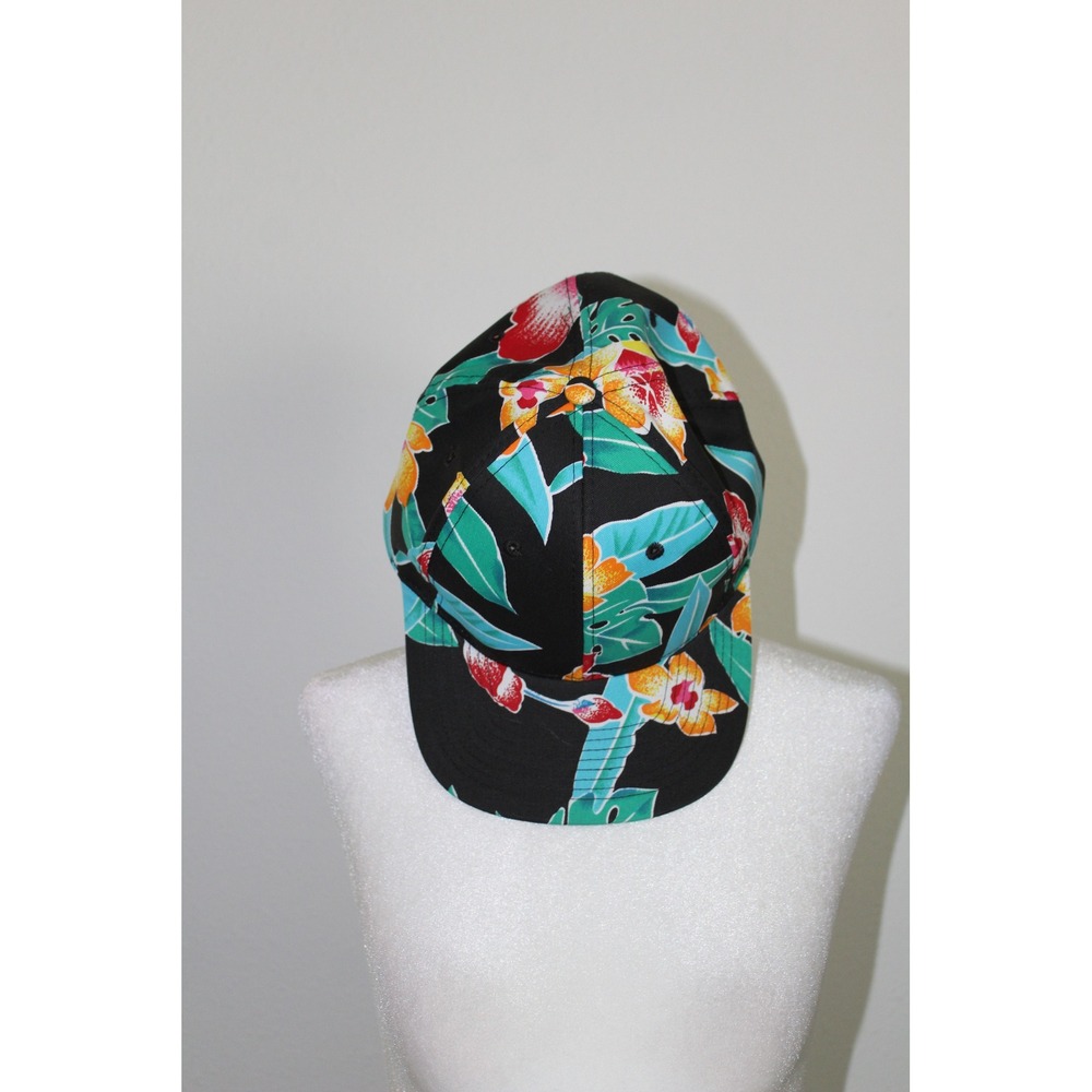 Nissin Tropical Floral Snapback Hat Black Hibiscus Monstera Print Vintage Style